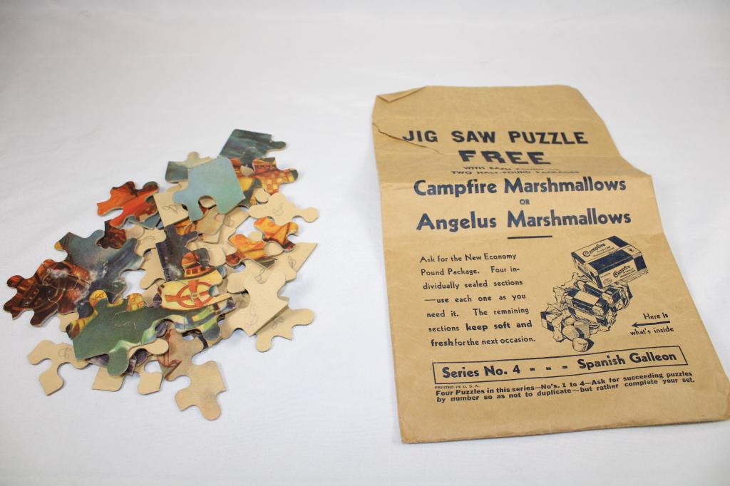 Angelus Marshmallows Puzzle with Envelope: Jigsaw Puzzle - Series No. 4 - has pencil writing on back as pictured