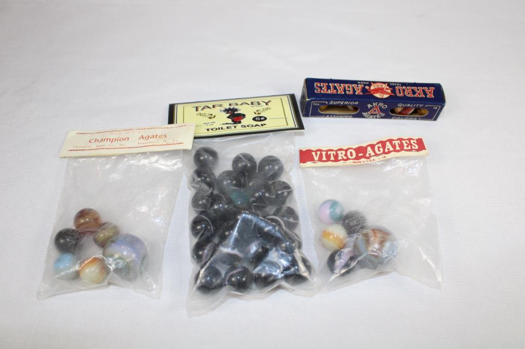 Lof of Marbles - Akro Agates, Vitro Agates, etc: includes: Akro Agates, Vitro Agates, Champion Agates, and tar baby soaps