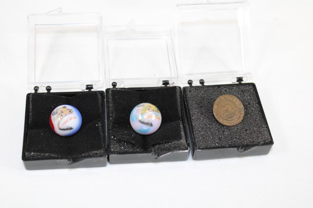 Pair of Lionel Marbles/ Engineering Pin: Lionel Engineering Club Pin and pair of Lionel Marbles