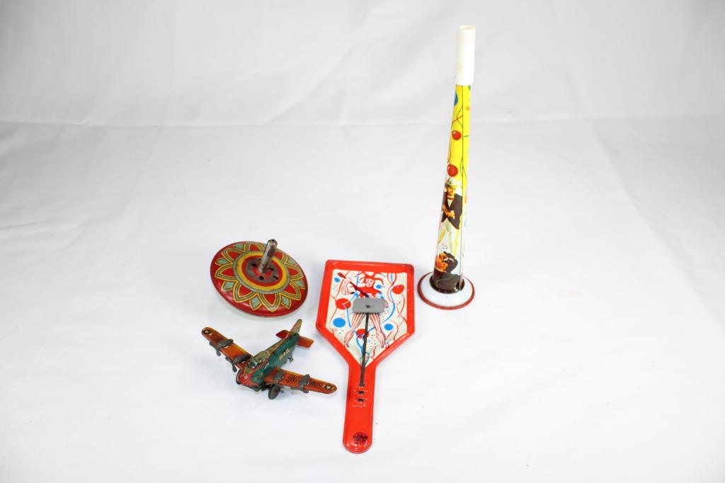 Lot of Vintage Tin Toys Plane etc: noisemakers and plane
