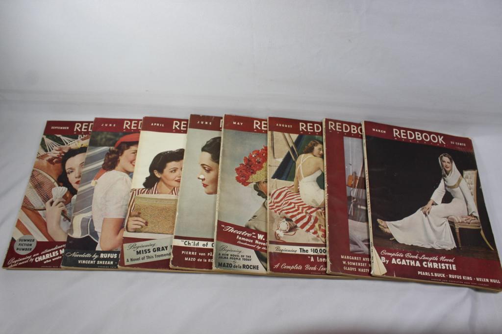Lot of 8 Issues 1940-41 Redbook Magazine: Lot of 8 issues of Redbook Magazine, 1940-1941. March, August, and June 1940 and March, April, May, June, and September 1941. Condition is fair with some tearing fo the covers and staining as well.