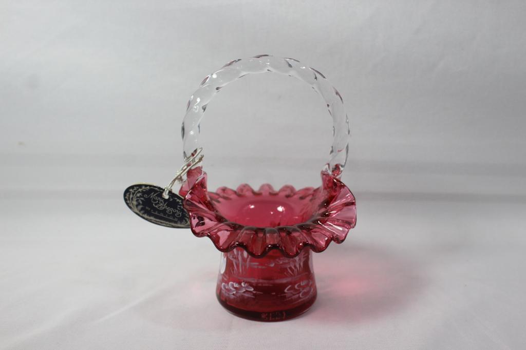 Fenton Cranberry Mary Gregory Hand Painted Basket (1 of 6)