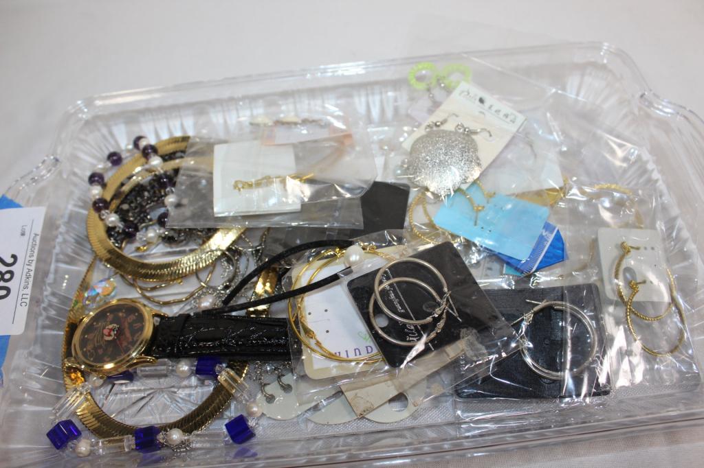 Misc. Lot Costume Jewelry- earrings, bracelets etc: gold & silver colored earrings pearl bracelets taz watch etc as pictured