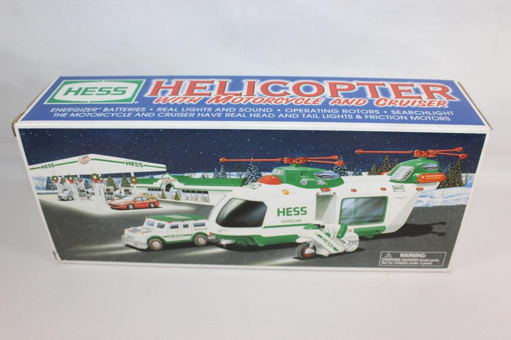 HESS HELICOPTER W/MOTORCYCLE&CRUISER: IN BOX. HAS SOME DAMAGE TO BOX. AS PICTURERD
