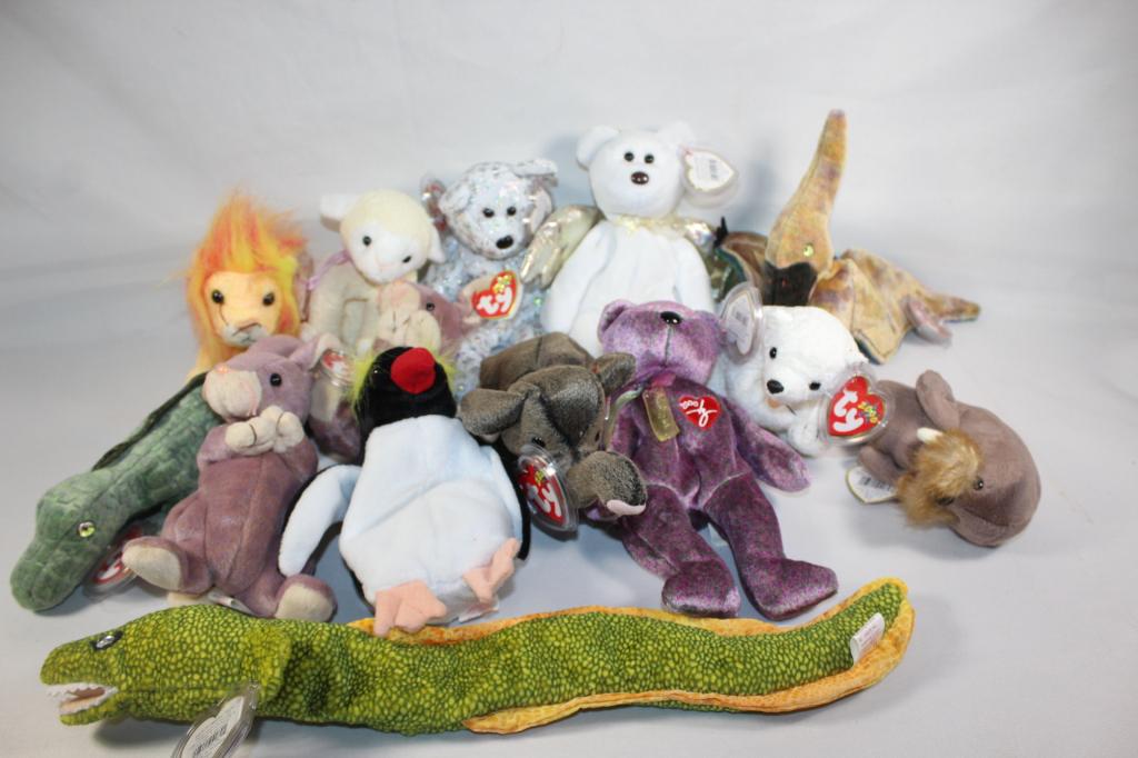 14 PC. TY BEANIE BABIES LOT, BEARS. LION, ETC (1 of 5)