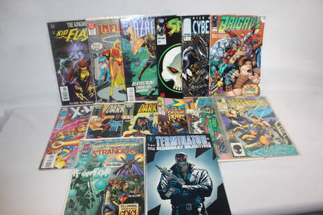 14 PC. COMIC BOOK LOT- IMAGE, MARVEL, DC, ETC: DC. THE KINGDOM KID FLASH NO. 1 IMAGE- SPAWN NO 12? MARVEL- X-MEN- NO. 49 DARK HORSE- TERMINATOR 1 OF 4 MALIBU- ULTRAVERSE THE STRANGERS NO 8 ETC. AS PICTURED
