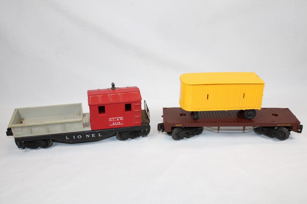 Lionel Train Cars - Flat car w/piggybck / DL &W: O-Gauge - one marked D.L. &W 6119 and 5405 flat car with yellow piggy back