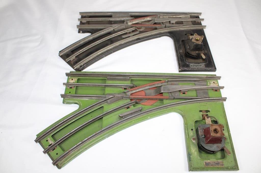 Pair - Lionel #210 Corner Track: with illuminating warning light, one is green, one black, standard gauge