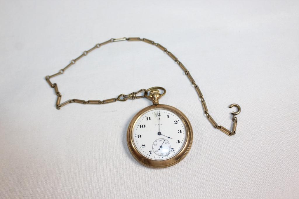 ELGIN NATL. WATCH CO. POCKET WATCH W/ CHAIN: DOES NOT APPEAR TO WORK- HAS CHAIN BUT CLASP IS BROKEN. AS PICTURED