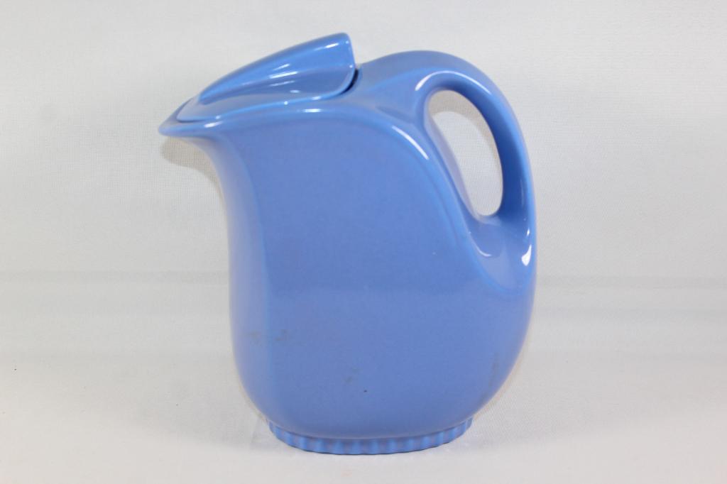VINTAGE HALL CHINA BLUE WATER PITCHER WITH LID: #5118 MADE FOR MONTGOMERY WARD- AS PICTURED