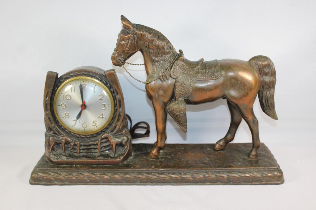 VNTG SESSIONS HORSE MANTLE CLOCK BRONZE TONE: MEASURES APPROX. 11 BY 17 BY 5 INCHES AS PICTURED