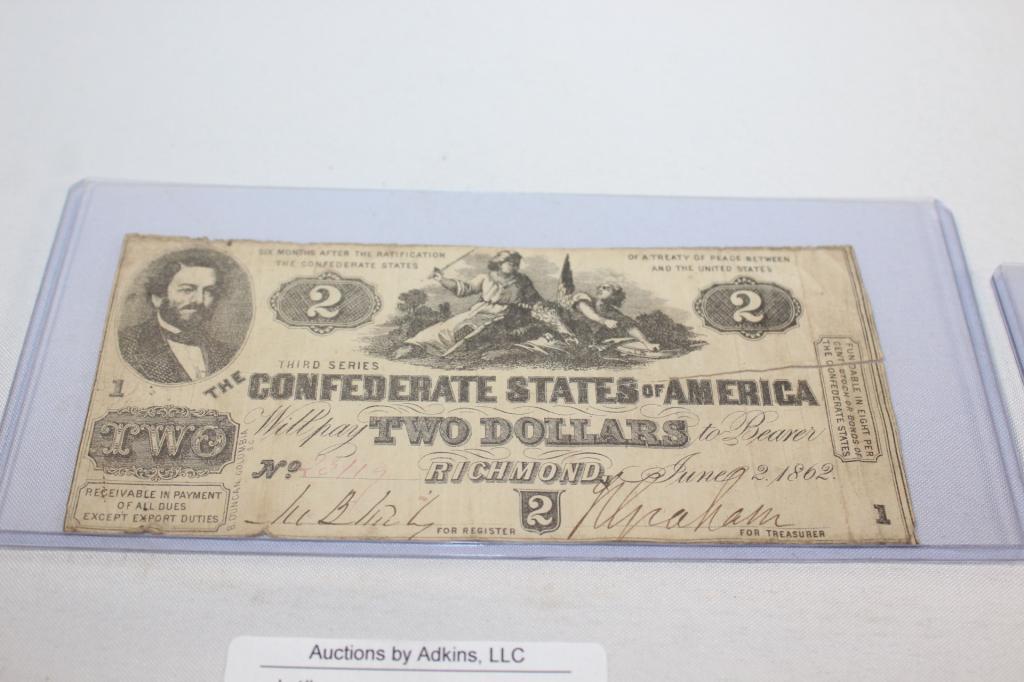 $2 TWO DOLLAR CIVIL WAR CURRENCY NOTE: CONFEDERATE STATES OF AMERICA- 1862 AS PICTURED