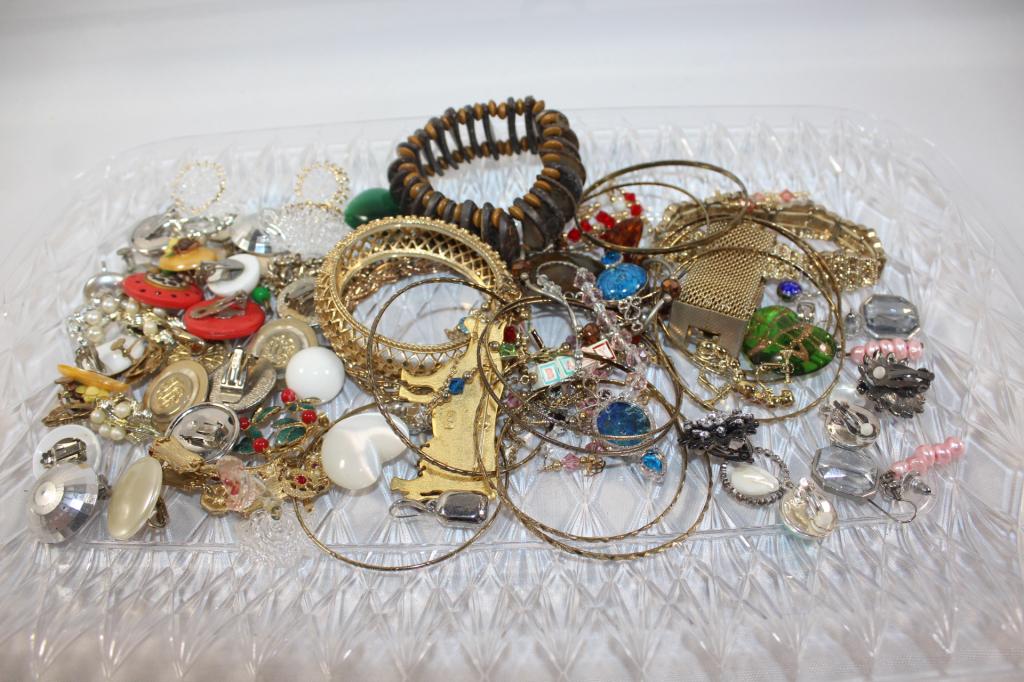 MISC. COSTUME JEWELRY & ART GLASS LOT: MINI BLOWN GLASS TEA CUP SET GLASS BLOWN MINI ROSE ETC. AS PICTURED