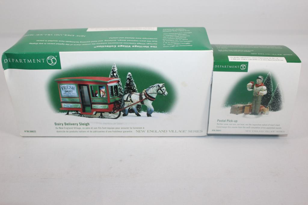 2 PC. DEPARTMENT 56 FIGURINES- POSTAL PICKUP, ETC: DEPT 56 NEW ENGLAND VILLAGE DAIRY DELIVERY SLEIGH #56622 ~ HORSE & CART BAKERY DEPARTMENT 56 POSTAL PICK-UP #56.56641 - NEW ENGLAND VILLAGE FIGURINE MAIL BOXES AS PICTURED