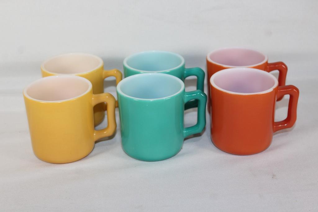 6 ANCHOR HAWKING COFFEE CUPS: ORANGE, YELLOW, & BLUE/GREEN NO VISIBLE CHIPS OR CRACKS AS PICTURED