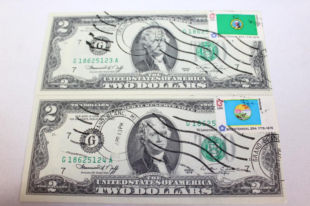 2 FIRST DAY ISSUED TWO DOLLAR BILLS 1976 (1 of 6)