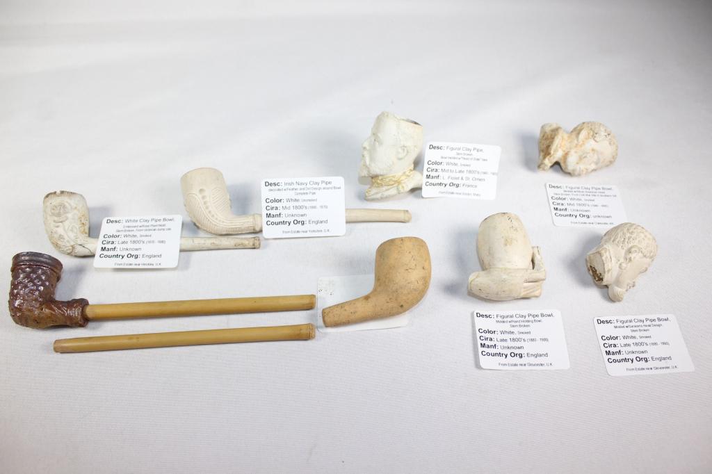 9 PC ANTIQUE CLAY PIPE LOT- MID TO LATE 1800's (1 of 10)