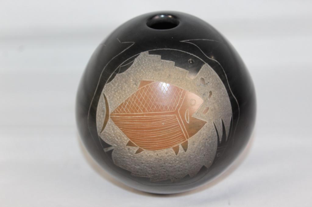 CARVED POTTERY BUD VASE-SIGNED JUAN TAFOYA: JUAN TAFOYA SAN ILDEFONSO PUEBLO- NATIVE AMERICAN ARTIST- NO VISIBLE DAMAGE. AS PICTURED