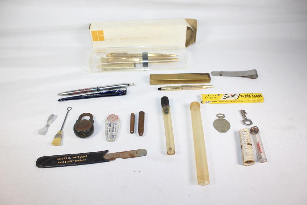 17 PC. MISC LOT- PENS, LOCKS, FLINT, ETC. (1 of 7)