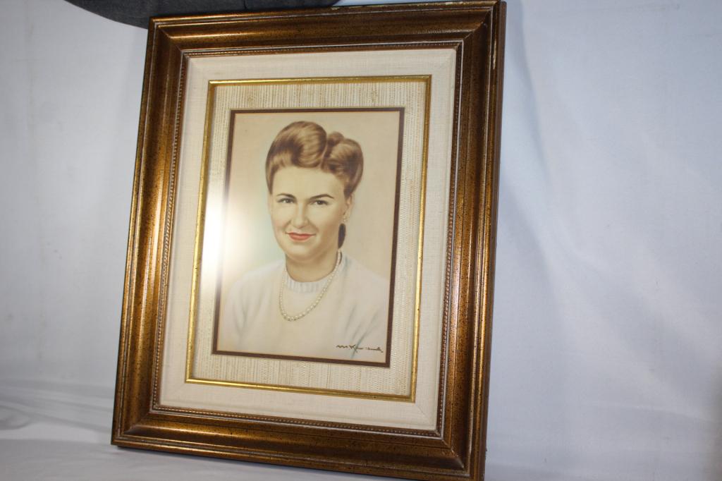 VINTAGE PORTRAIT IN GOLD COLORED FRAME: MEASURES APPROX. 23 BY 19 INCHES. AS PICTURED
