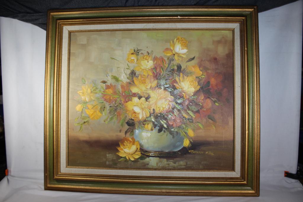 STILL LIFE PAINTING OF YELLOW ROSES IN VASE-SIGNED: FRAME HAS A KNICK IN THE WOOD. SIGNED ROBERT CJX? MEASURES APPROX. 27 BY 31 INCHES. AS PICTURED