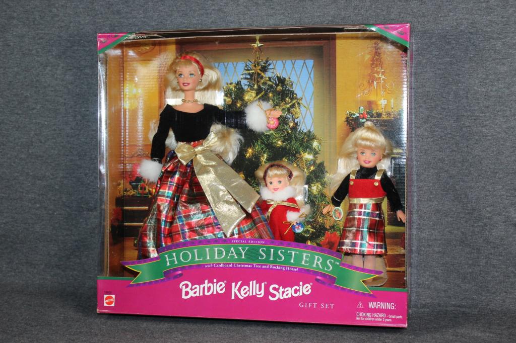 BARBIE HOLIDAY SISTERS GIFT SET BARBIE KELLY STACI: STILL IN BOX, SOME DAMAGE DUE TO AGE AND STORAGE. AS PICTURED