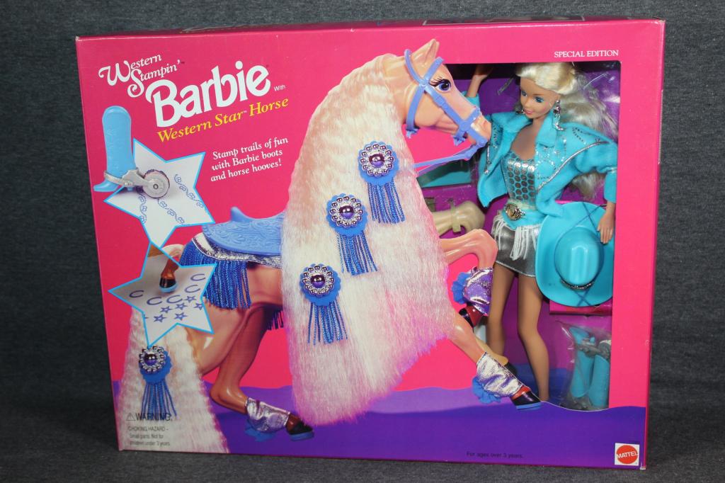 WESTERN STAMPIN WESTERN BARBIE W/ STAR HORSE: NEW IN BOX, BOX HAS SOME DAMAGE, NO VISIBLE DAMAGE TO DOLL OR HORSE, AS PICTURED