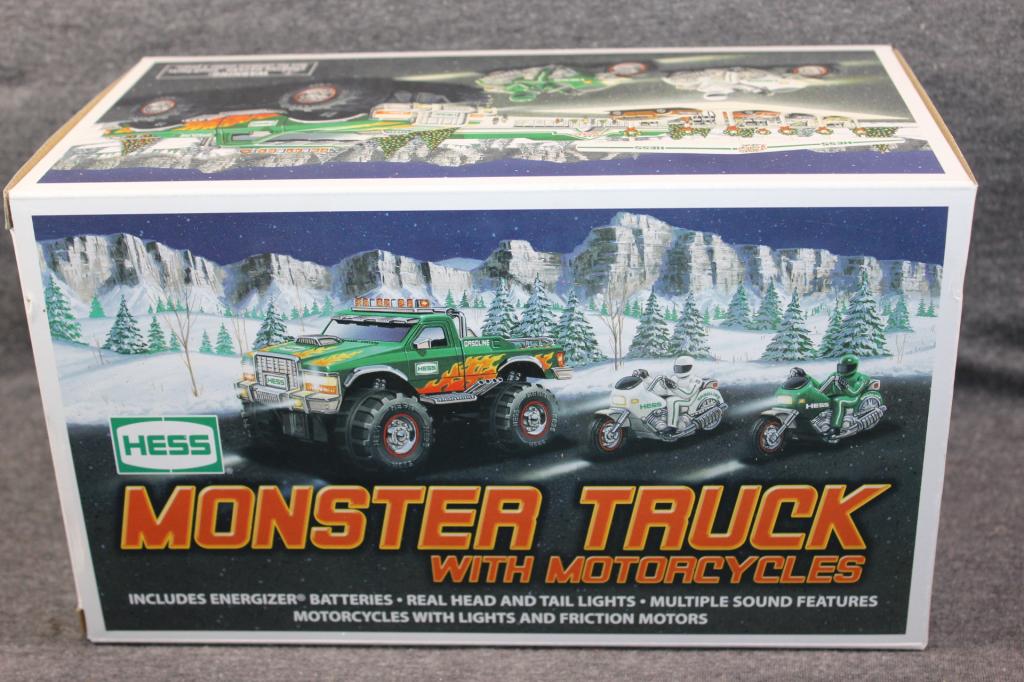2007 HESS MONSTER TRUCK W/MOTORCYCLES: IN BOX. LIGHTS & SOUNDS- AS PICTURED