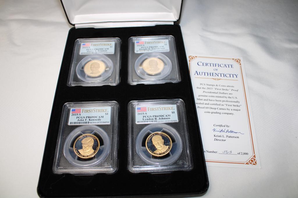 4 1st Strike 2015S President Dollar Coin Set: PCGS PR69DCAM W/ coa - Set of 4 - Harry S. Truman, Dwight D. Eisenhower, John F. Kennedy, Lyndon B. Johnson