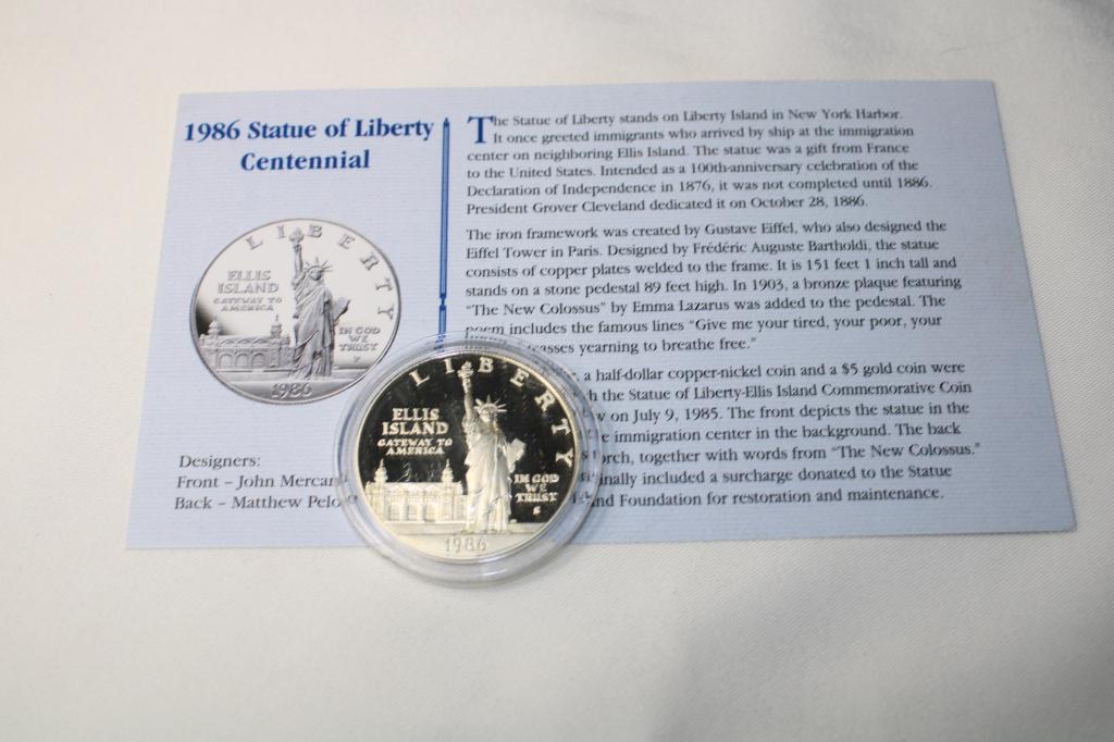1986 Statue of Liberty Silver Coin: 1986 Statue of Liberty Centennial Silver Coin and history sheet