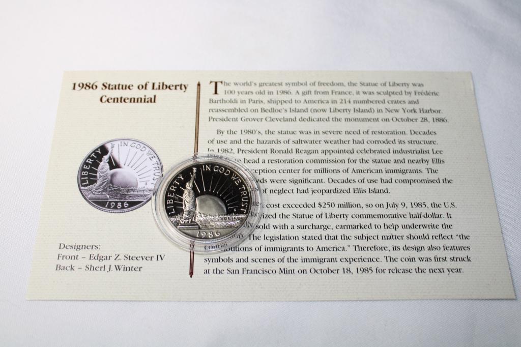 1986 Statue of Liberty Silver Half Dollar: with History Sheet