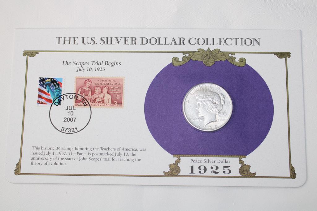 1925 Peace Silver Dollar / Stamped History: The Scopes Trial Begins