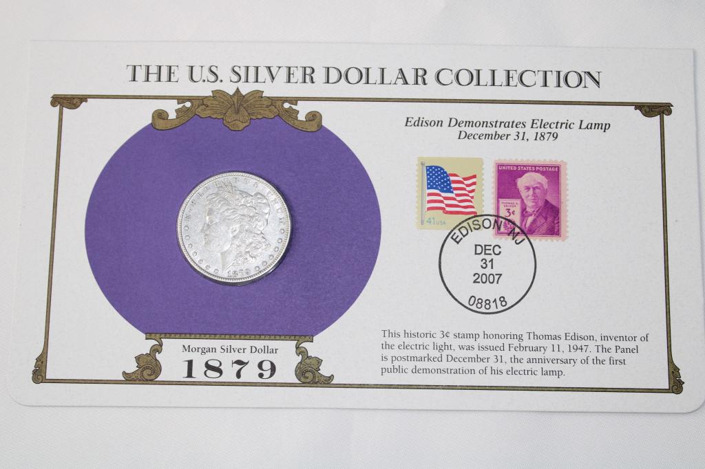 1879 Morgan Silver Dollar / Stamped History Sheet: Edison Demonstrates Electric Lamp