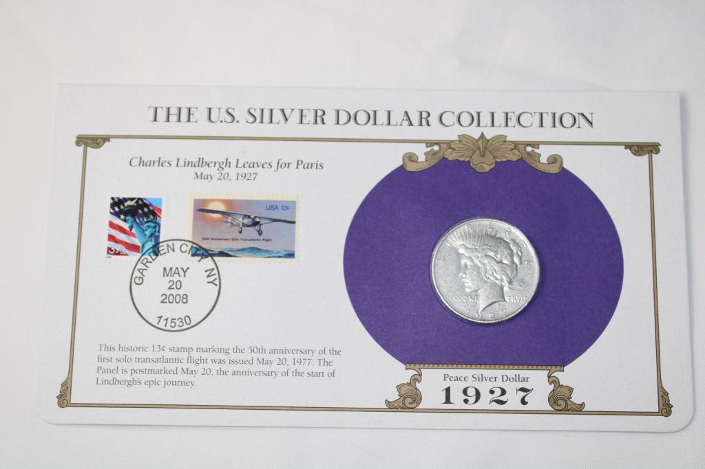 1927 Peace Silver Dollar / Stamped History Sheet: Charles Lindbergh Leaves for Paris