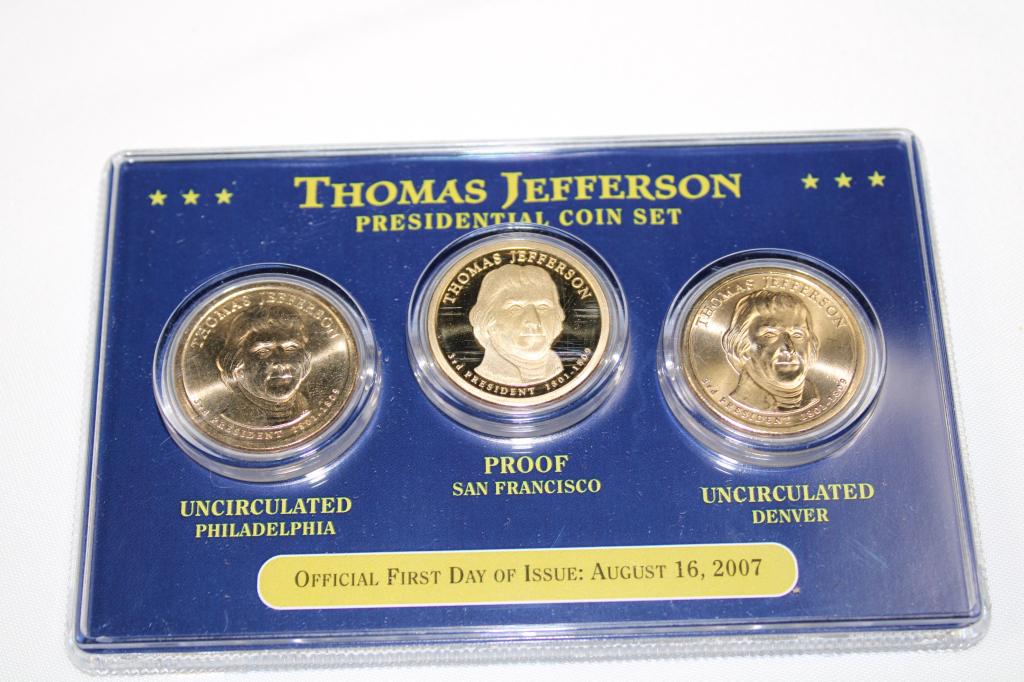 2007 Thomas Jefferson Presidential Coin Set: Includes: Uncirculated Philadelphia Mint and Dever Mint and San Fracisco Proof