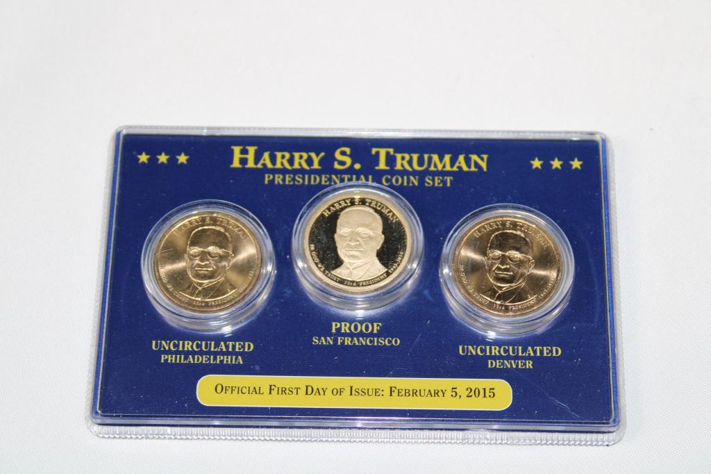 2015 Harry S. Truman Presidential Coin Set: Includes: Uncirculated Philadelphia Mint and Dever Mint and San Fracisco Proof