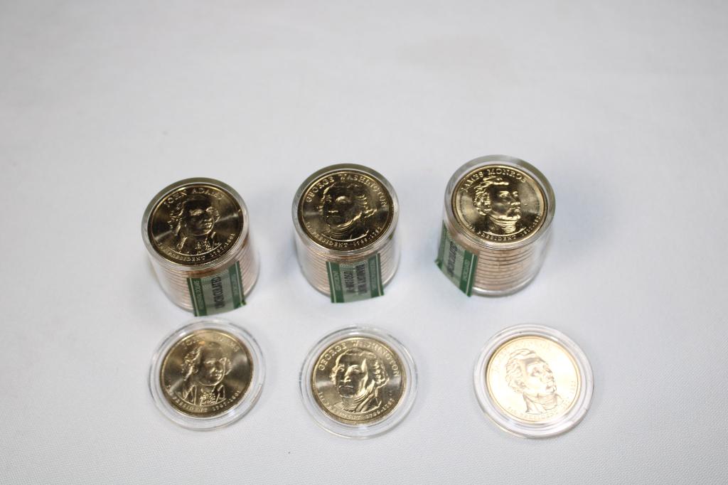 3 rolls Uncirculated $1 President Dollar: Danbury Mint Each roll has 12 plus 1 extra: Includes: George Washington, John Adams & James Monroe