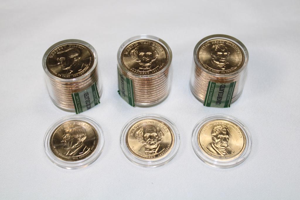 3 rolls Uncirculated $1 President Dollar: Danbury Mint: Each roll has 12 plus 1 extra: Includes: Woodrow Wilson, Martin Van Buren, William Henry Harrison