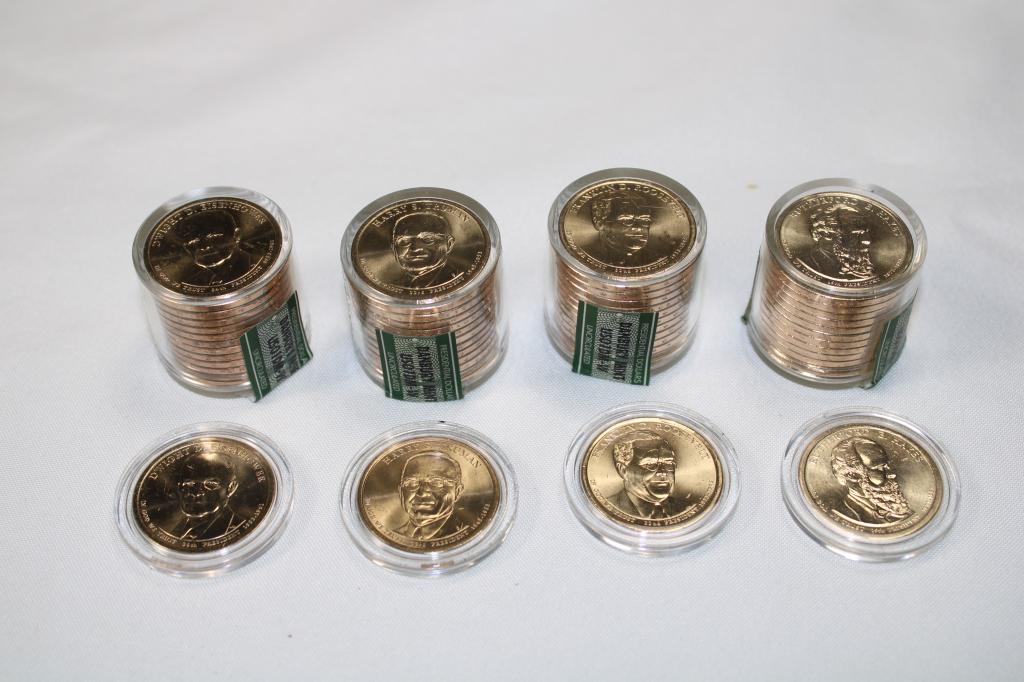 4 rolls Uncirculated $1 President Dollar: Danbury Mint: Each roll has 12 plus 1 extra: Includes: Dwight D. Eisenhower, Harry S. Truman, Franklin D. Roosevelt, Rutherford B. Hayes