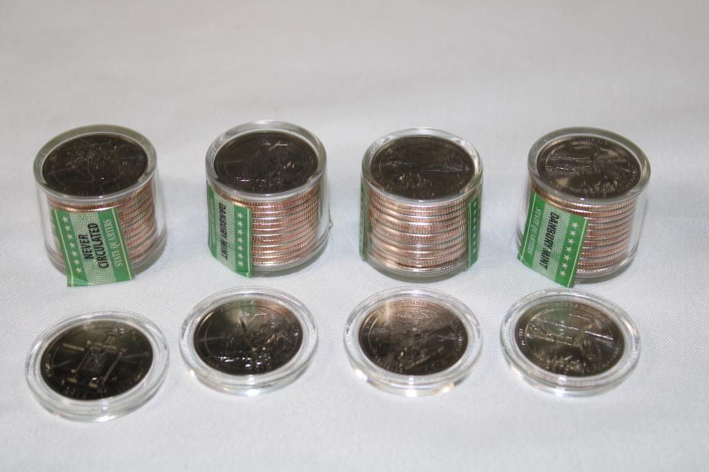 4 Rolls Uncirculated State Quarters: Danbury Mint Uncirculated Roll of 12 state quarters, plus 1, includes: Arkansas, Maine, Colorado, Delaware