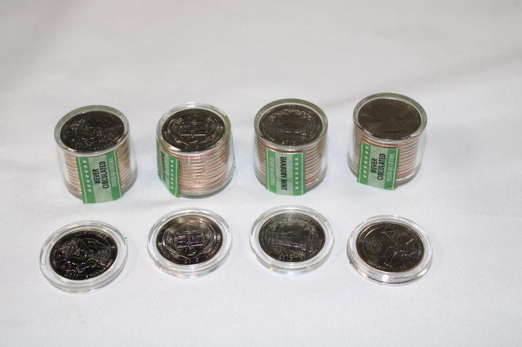 4 Rolls Uncirculated State Quarters: Danbury Mint Uncirculated Roll of 12 state quarters, plus 1, includes: Washington, Nebraska, New Hampshire, Kentucky,