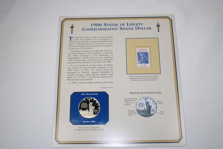 1986 Silver Dollar, Stamp & History Sheet: 1986 Statue of Liberty Commemortive Silver Dollar on History Sheet with stamp
