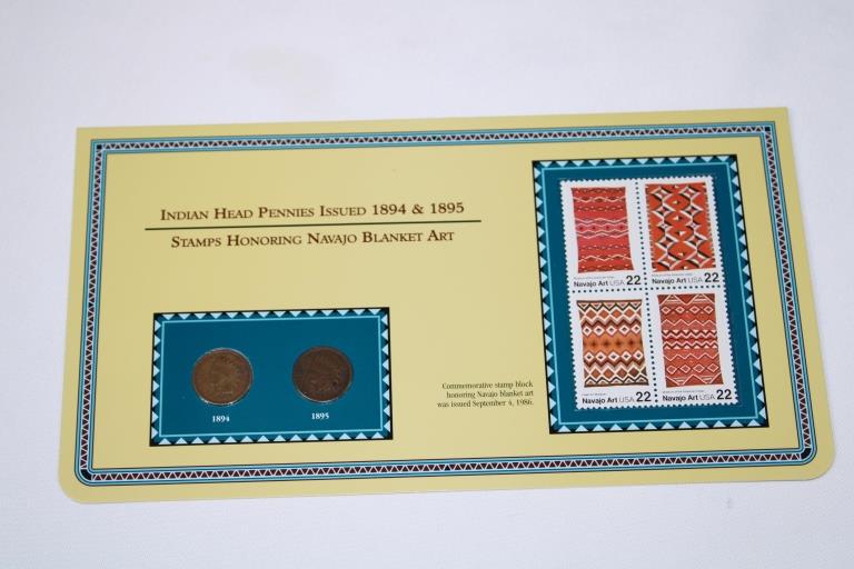 Indian Head Pennies 1894 & 1895; Plus Stamps: Includes 1894 and 1895 Indian Head Penny and Commemortive Stamps as pictured on History Sheet