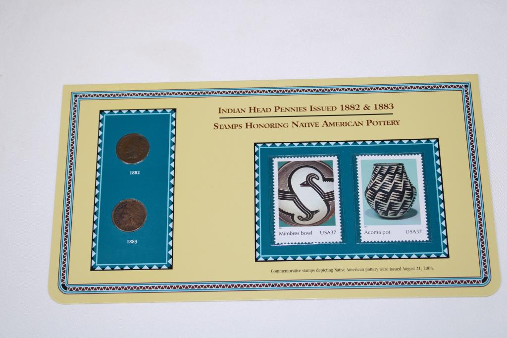 Indian Head Pennies 1882 & 1883; Plus Stamps: Includes 1882 and 1883 Indian Head Penny and Commemortive Stamps as pictured on History Sheet