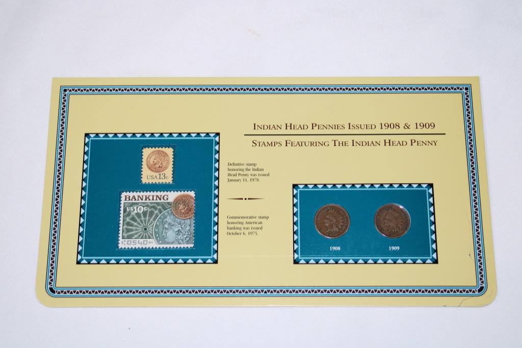 Indian Head Pennies 1908 & 1909; Plus Stamps: Includes 1908 and 1909 Indian Head Penny and Commemortive Stamps as pictured on History Sheet