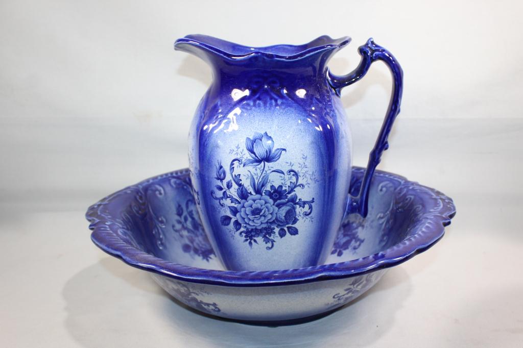 EMPRESS IRONSTONE FLOW BLUE PITCHER & BASIN (1 of 7)