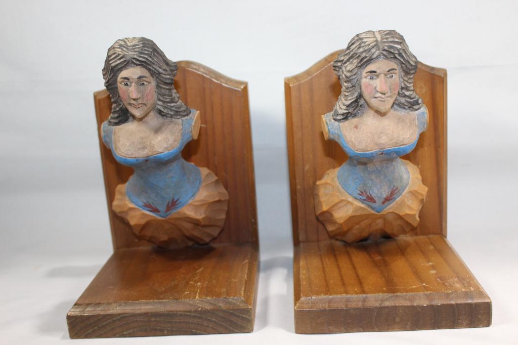 2PC HAND CARVED WOODEN BOOKENDS- VICTORIAN LADY? (1 of 2)