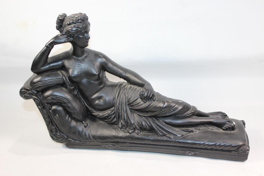 VINTAGE MARWAL RECLINING NUDE CHALKWARE STATUE: SCULPTURE PAULINE BONAPARTE- SOME SMALL CHIPS. MEASURES APPROX. 8.5 BY 13 BY 3 INCHES. AS PICTURED