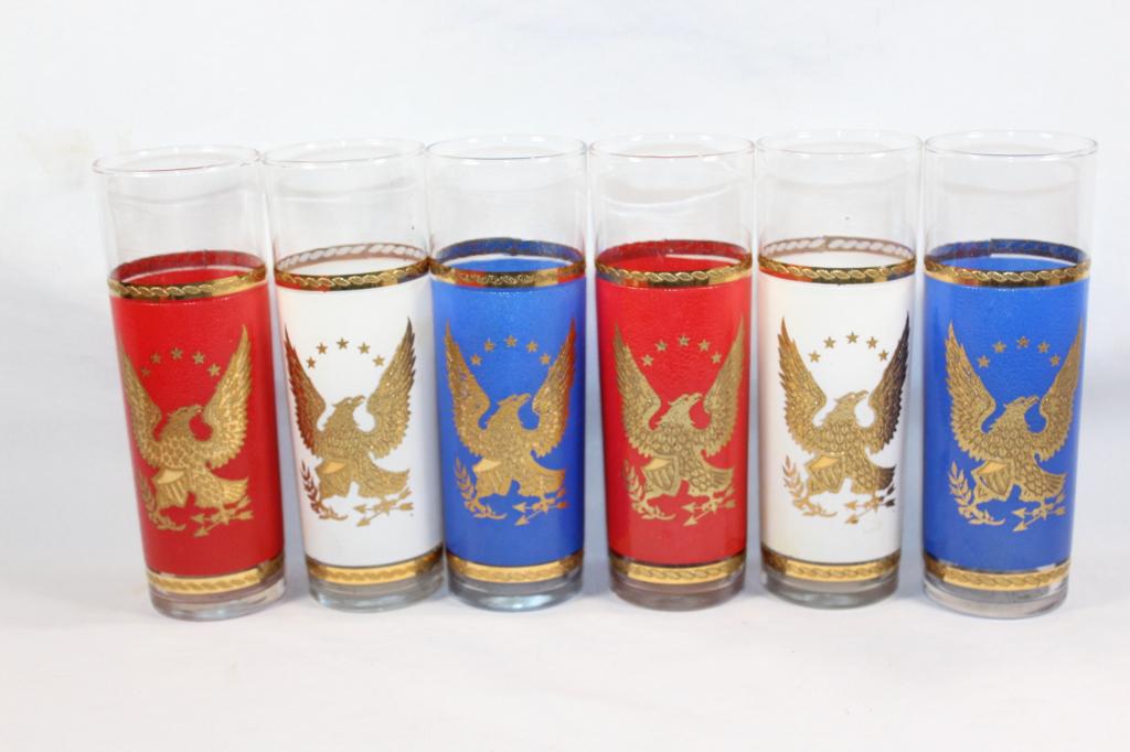 VINTAGE TALL RED WHITE & BLUE GLASSES W/GOLD EAGLE: 6 PCS. 2 RED, 2 WHITE, & 2 BLUE. AS PICTURED- NO VISIBLE CHIPS OR CRACKS.