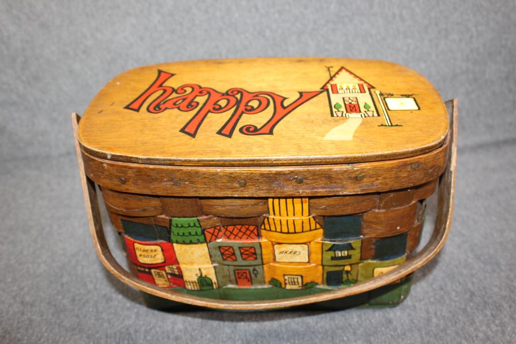 HAND PAINTED WOODEN BASKET PURSE (HOUSE THEME) (1 of 8)